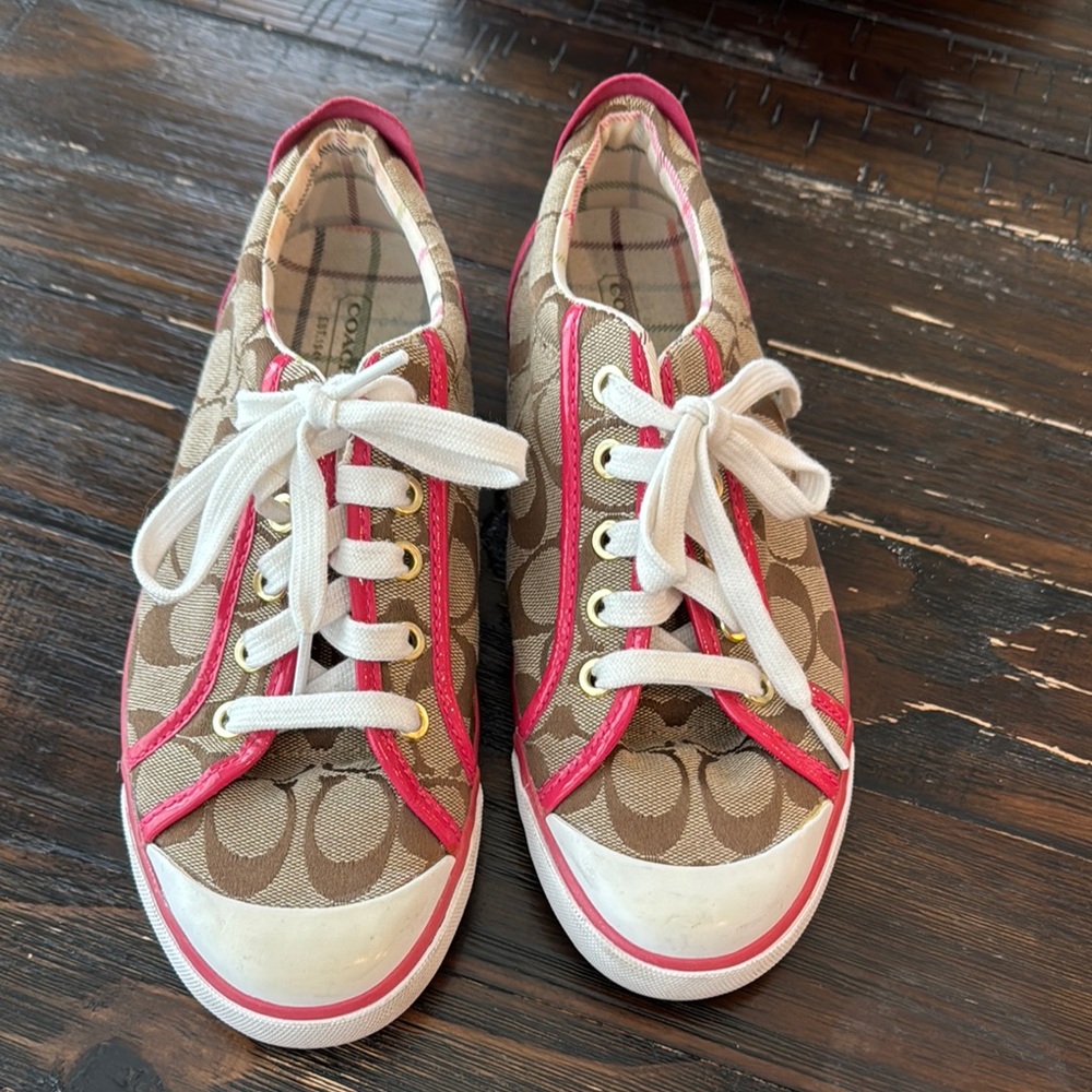 Coach Brown and Pink Canvas Sneakers with Rubber Sole